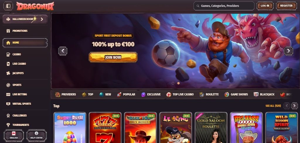 Dragonia betting site homepage showing a gamified sportsbook with live betting and major sports markets.